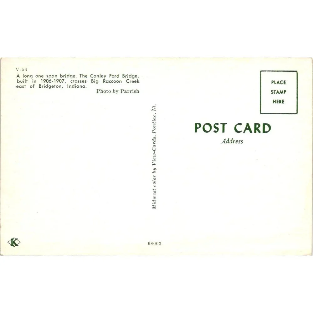 The Conley Ford Covered Bridge Postcard Big Raccoon Creek Bridgeton Indiana Vint